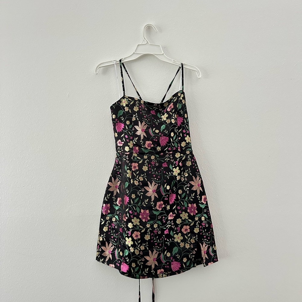 Lulus Lush Impression Black Multi Floral Brocade Lace-Up Mini Dress🖤